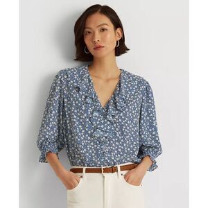Lauren Ralph Lauren 3/4 Length Sleeve Thin Blouse Blue White Flowers Sz XL
